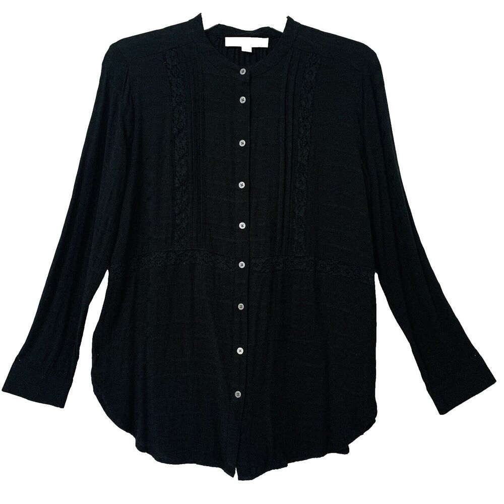 Loft Blouse Women Small Petite Black Mandarin Collar Lace Button Down Casual